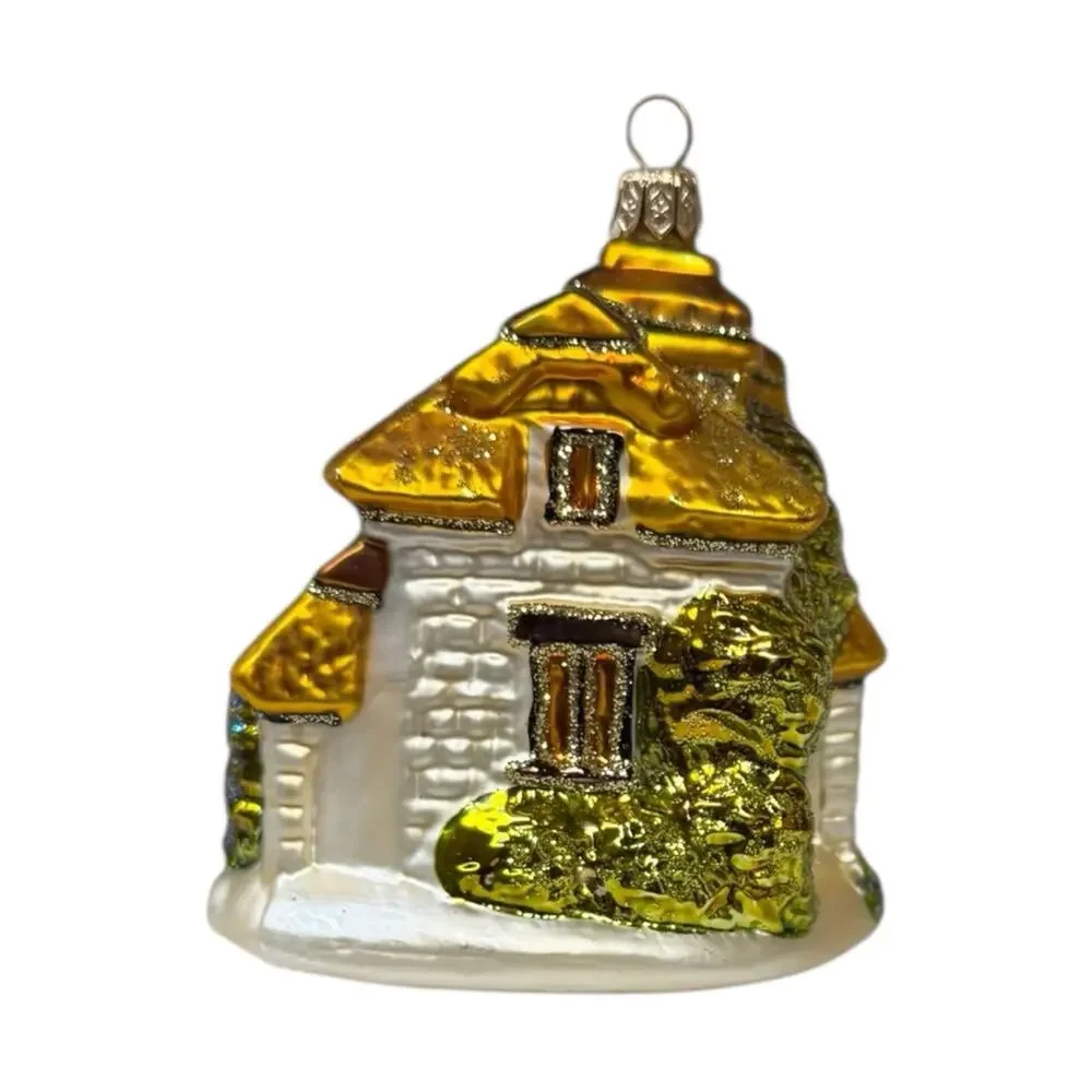 Blown Glass Cottage House Ornament‎ Gold White Glitter Large Vintage EUC